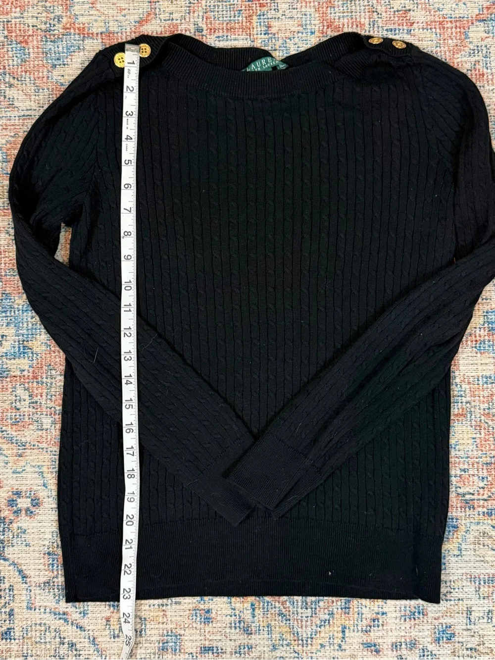 Lauren Ralph Lauren Black Cable Knit Gold Button Shoulder Sweater Cotton M Fall